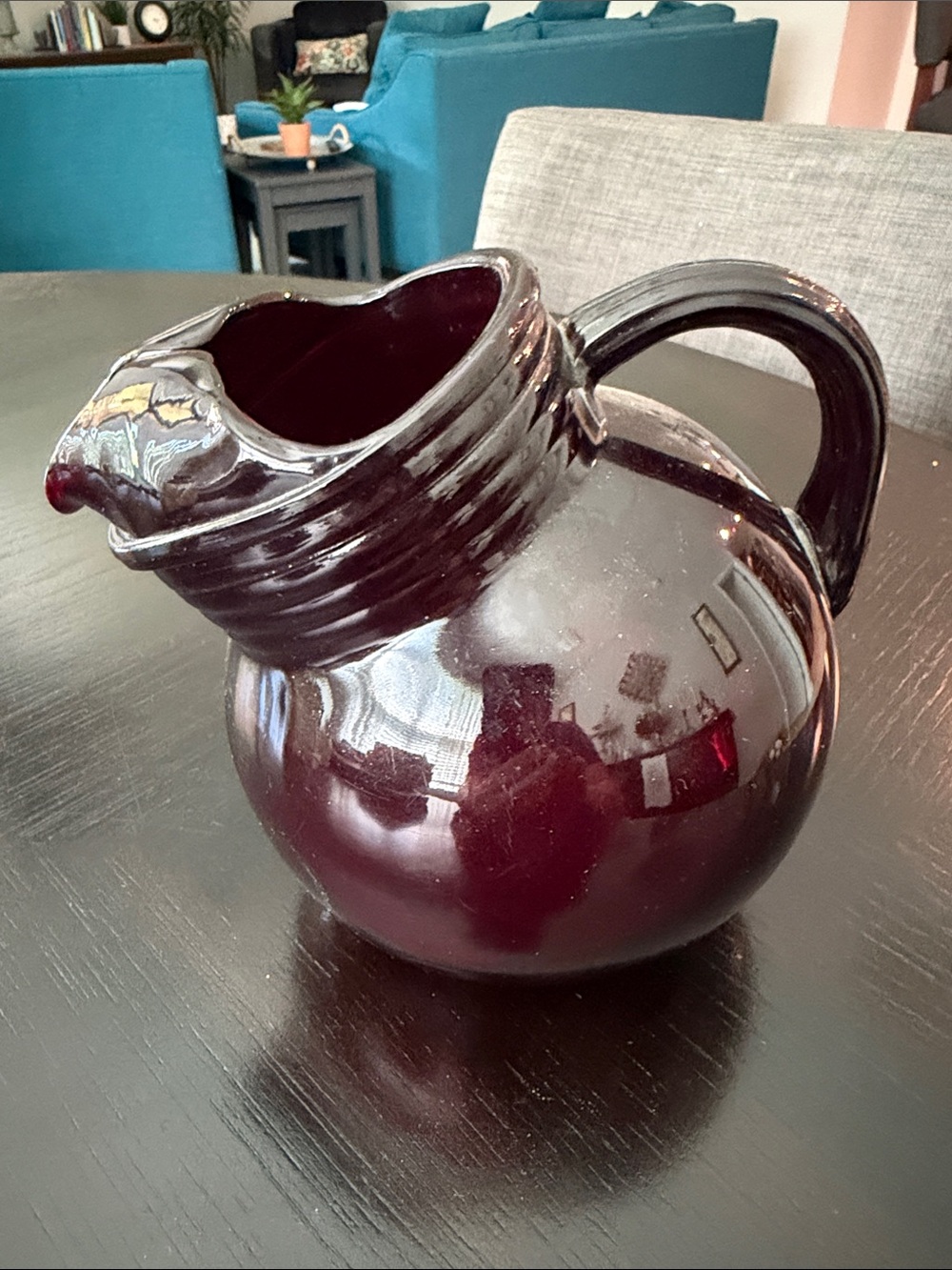 Vintage Anchor Hocking Deep Burgundy Ceramic Pitcher Vase - Home Art